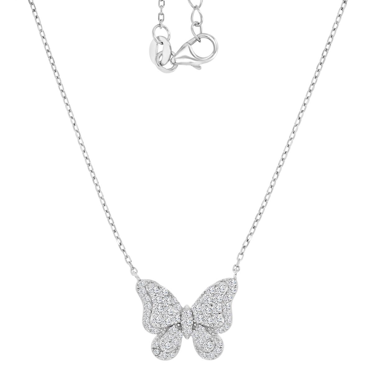 Sterling Silver Rhodium 17X14MM Polished White CZ Pave Butterfly Link 18+2" Necklace