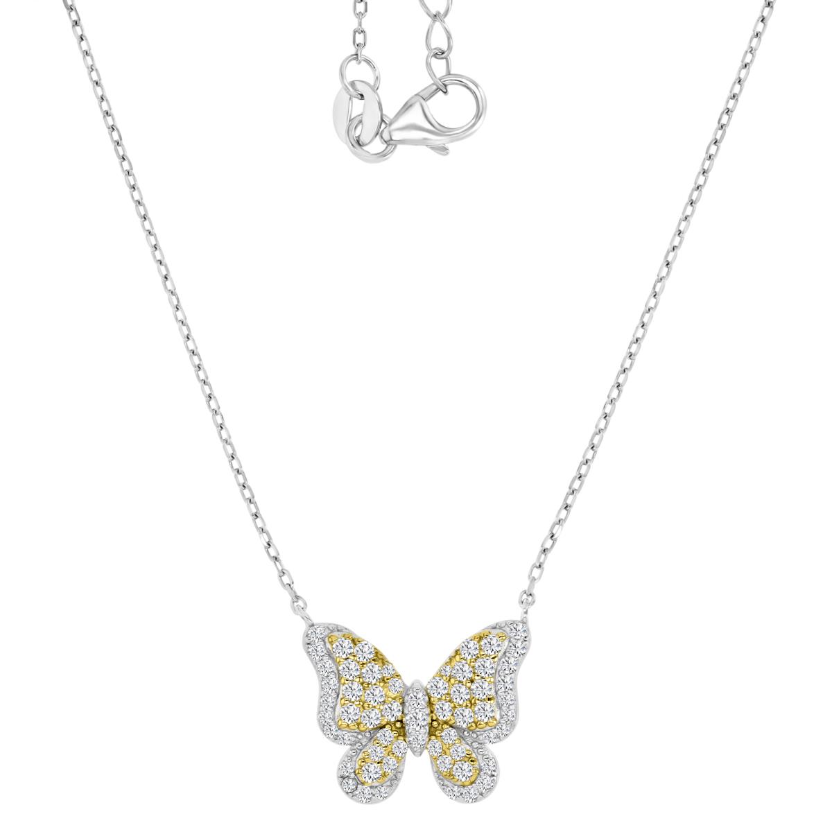Sterling Silver Yellow & White 1M 17X14MM Polished White CZ Pave Butterfly Link 18+2" Necklace