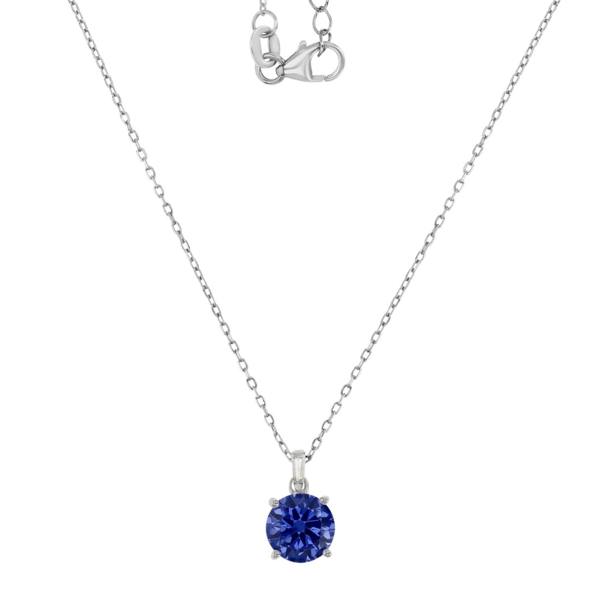 Sterling Silver Rhodium 14X8MM Polished Tanzanite & White CZ Solitaire Round & Tap Baguette Cut 16+2" Necklace