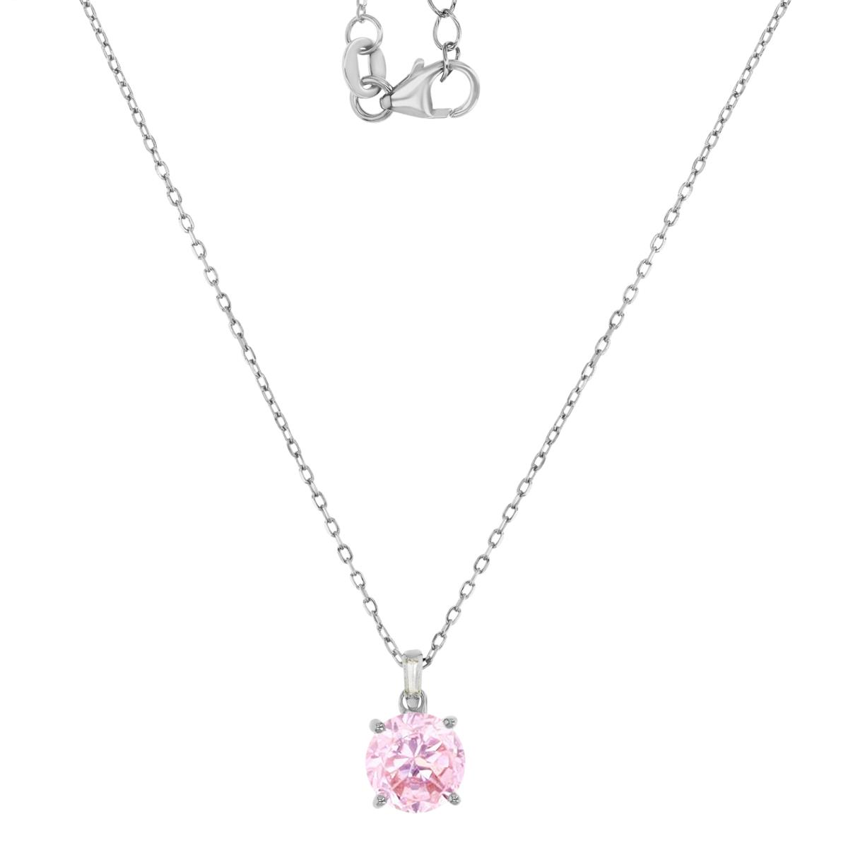 Sterling Silver Rhodium 14X8MM Polished Pink & White CZ Solitaire Round & Tap Baguette Cut 16+2" Necklace