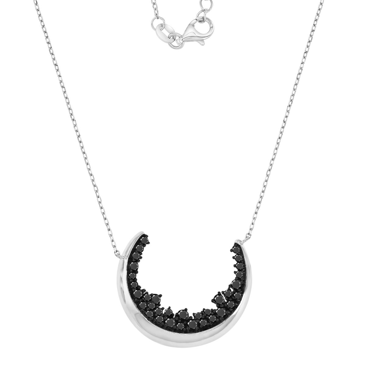 Sterling Silver Black & White 25X21MM Polished Black Spinel Moon 18+2" Necklace