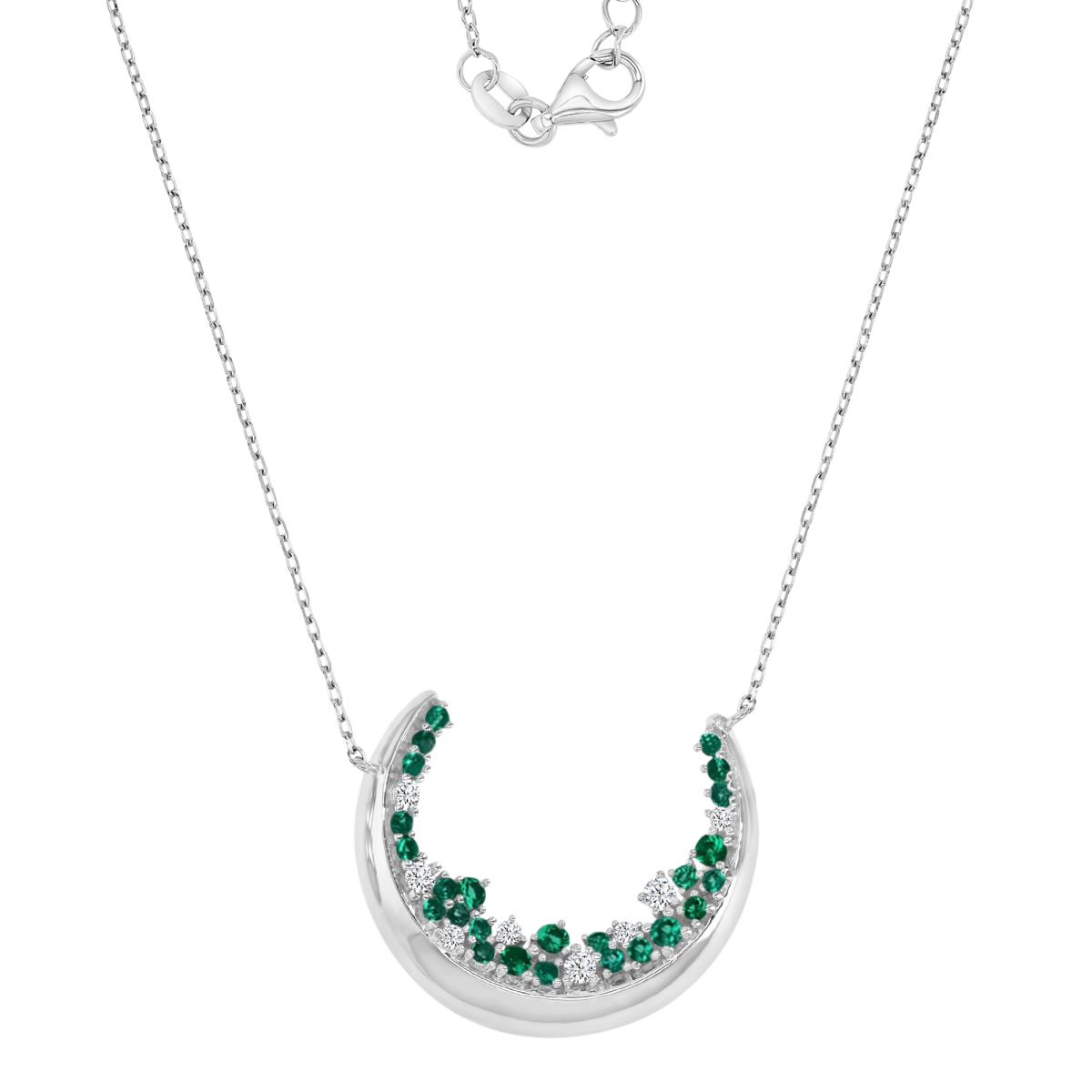 Sterling Silver Rhodium 25X21MM Polished Green Nano & White CZ Moon 18+2" Necklace