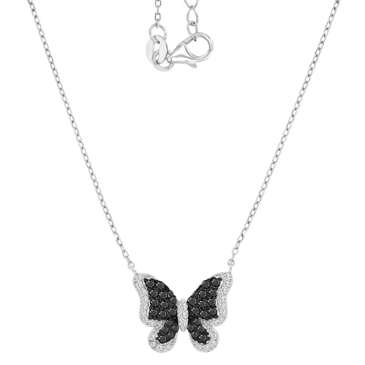 Sterling Silver Black & White 17X14MM Polished Black Spinel & Cr White Sapphire Pave Butterfly Link 18+2" Necklace