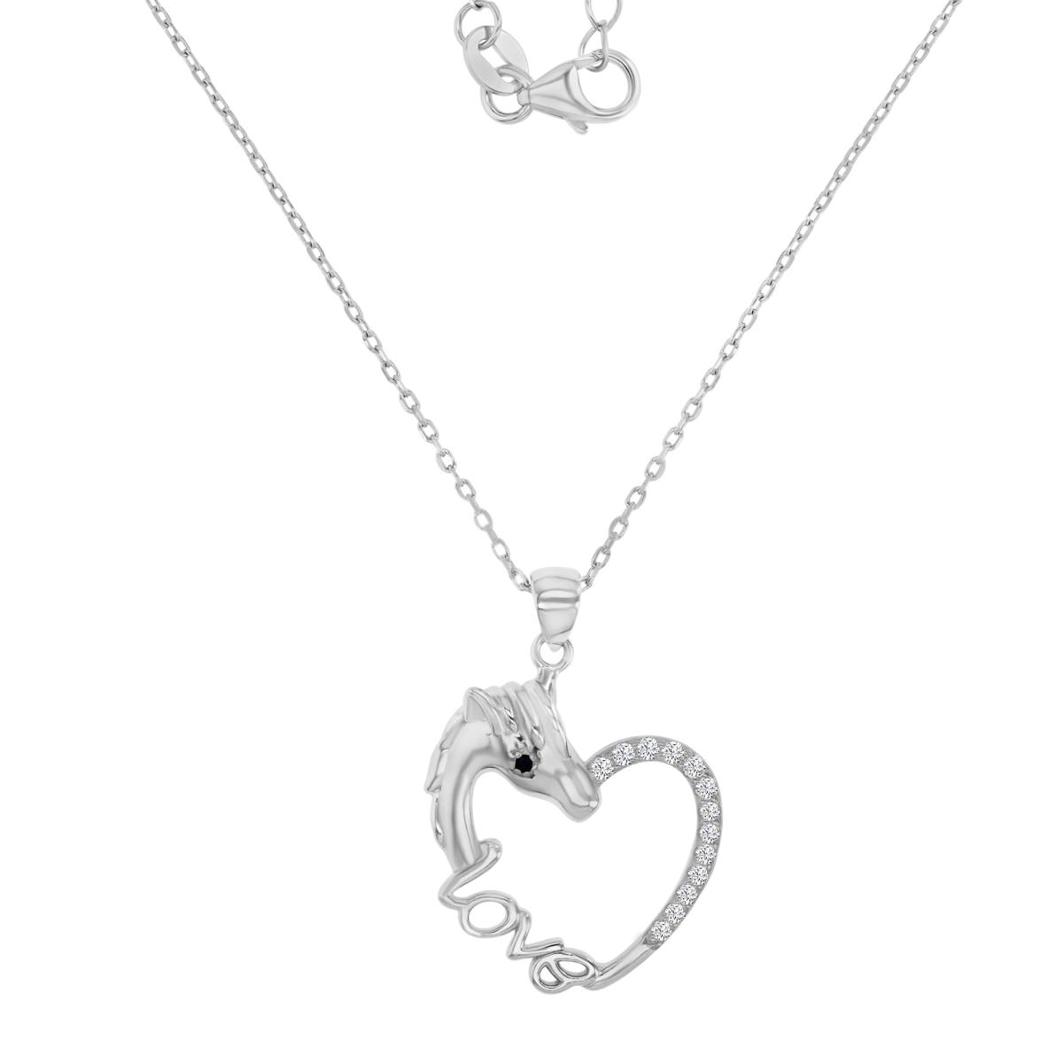 Sterling Silver Rhodium 27X20MM Polished White & Black CZ Love Link 18+2" Necklace