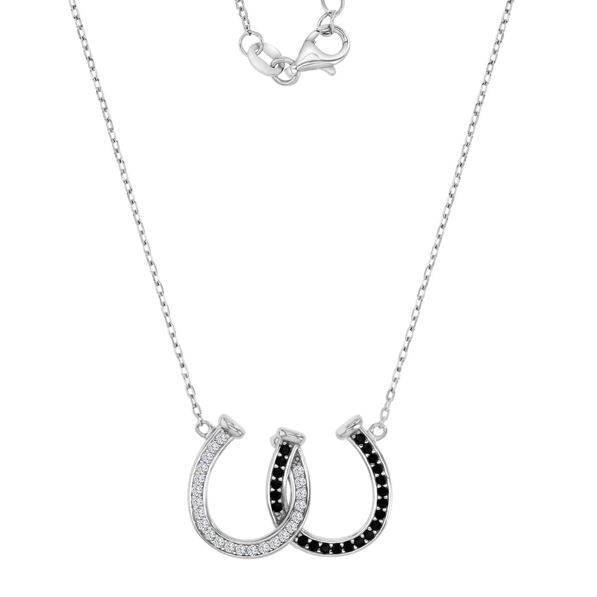 Sterling Silver Black & White 22X16MM Polished Black & White CZ Double Horse Shoe 18+2" Necklace