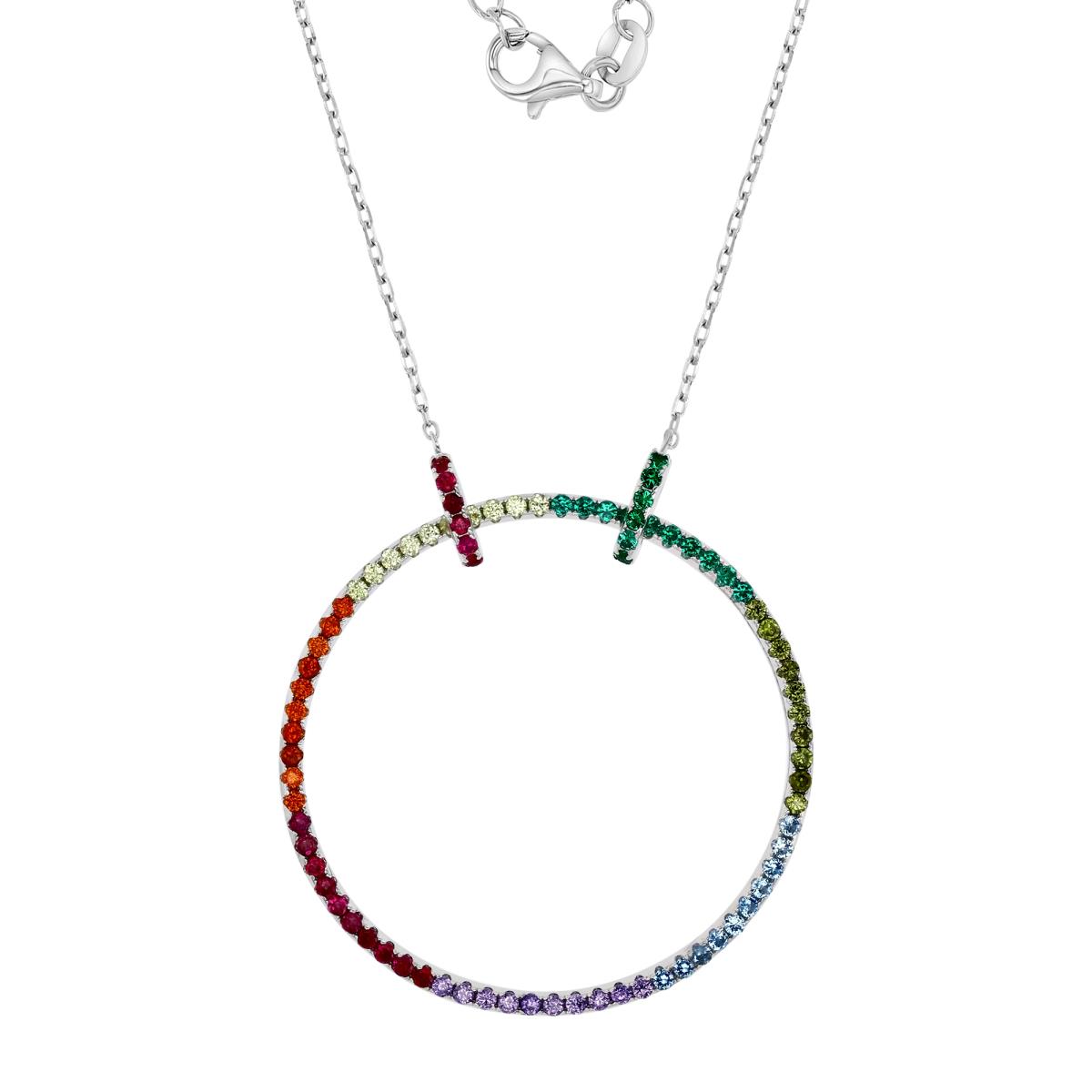 Sterling Silver Rhodium 37X2MM Polished Multi Color CZ Open Circle Dangling 16+2" Necklace