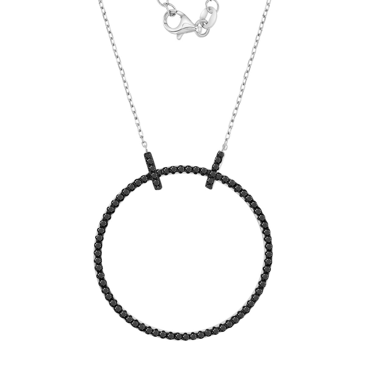 Sterling Silver Black & White 37X2MM Polished Black Spinel Open Circle Dangling 16+2" Necklace