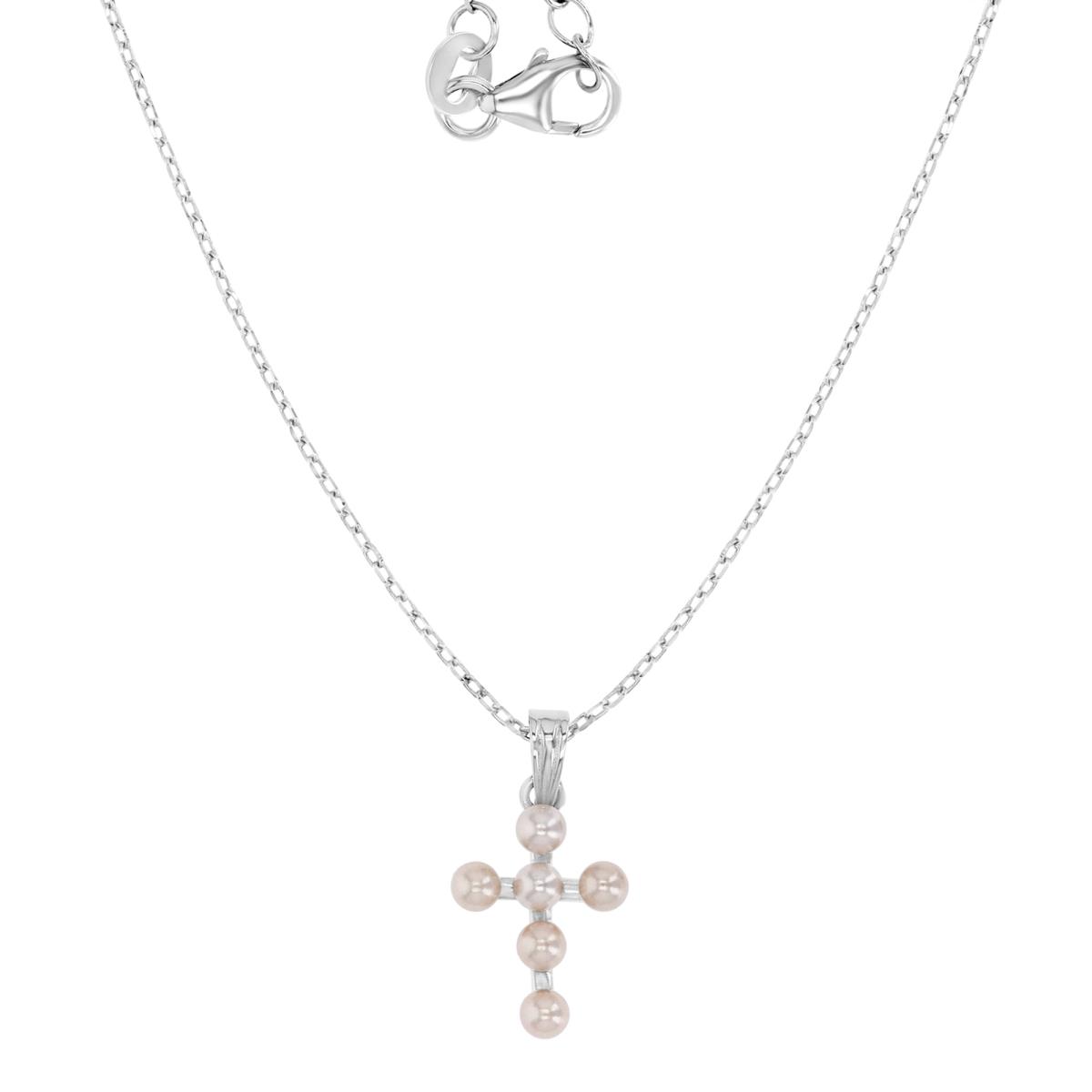 Sterling Silver Rhodium 20X10MM Polished Pink Pearl Cross 13+2" Necklace