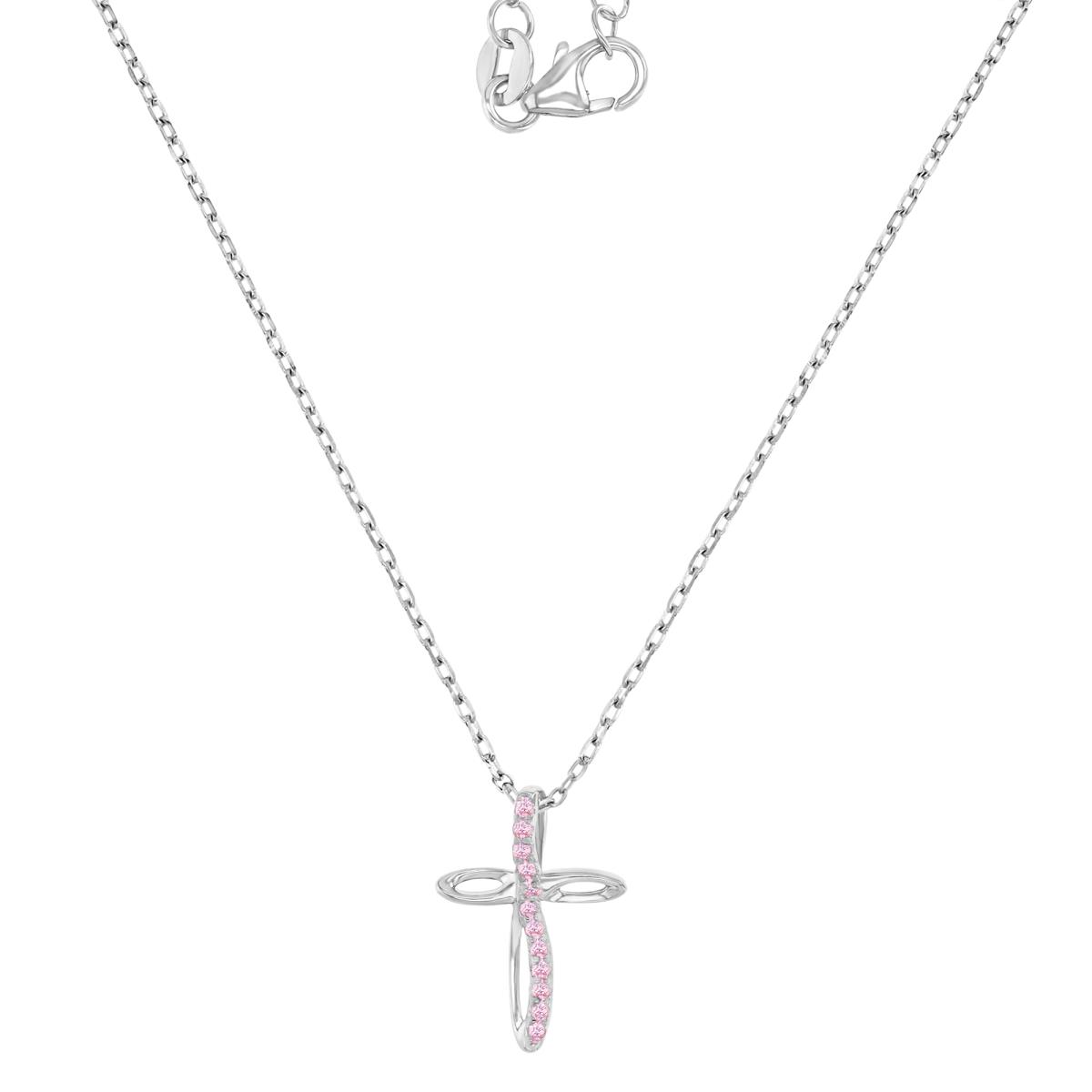 Sterling Silver Rhodium 17X12MM Polished Cr Pink Sapphire Cross 16+2" Necklace