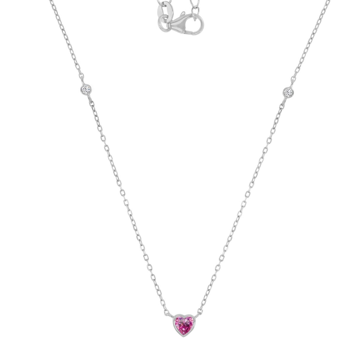 Sterling Silver Rhodium 5X2MM Polished Pink & White CZ Bezel Heart & Circle Link 16+2" Necklace