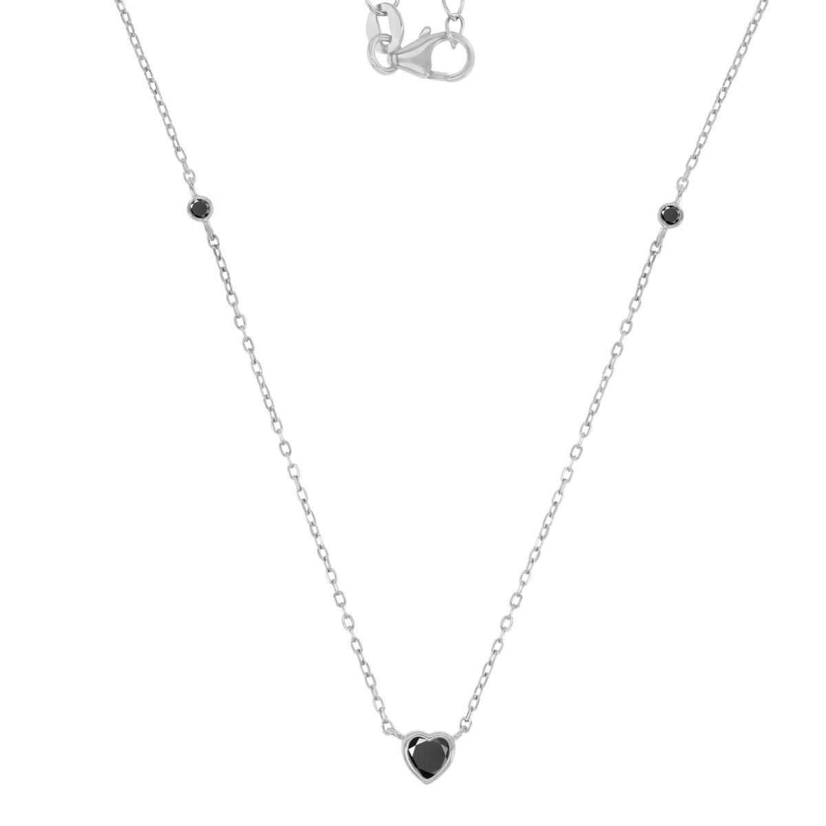 Sterling Silver Rhodium 5X2MM Polished Black Spinel Bezel Heart & Circle Link 16+2" Necklace