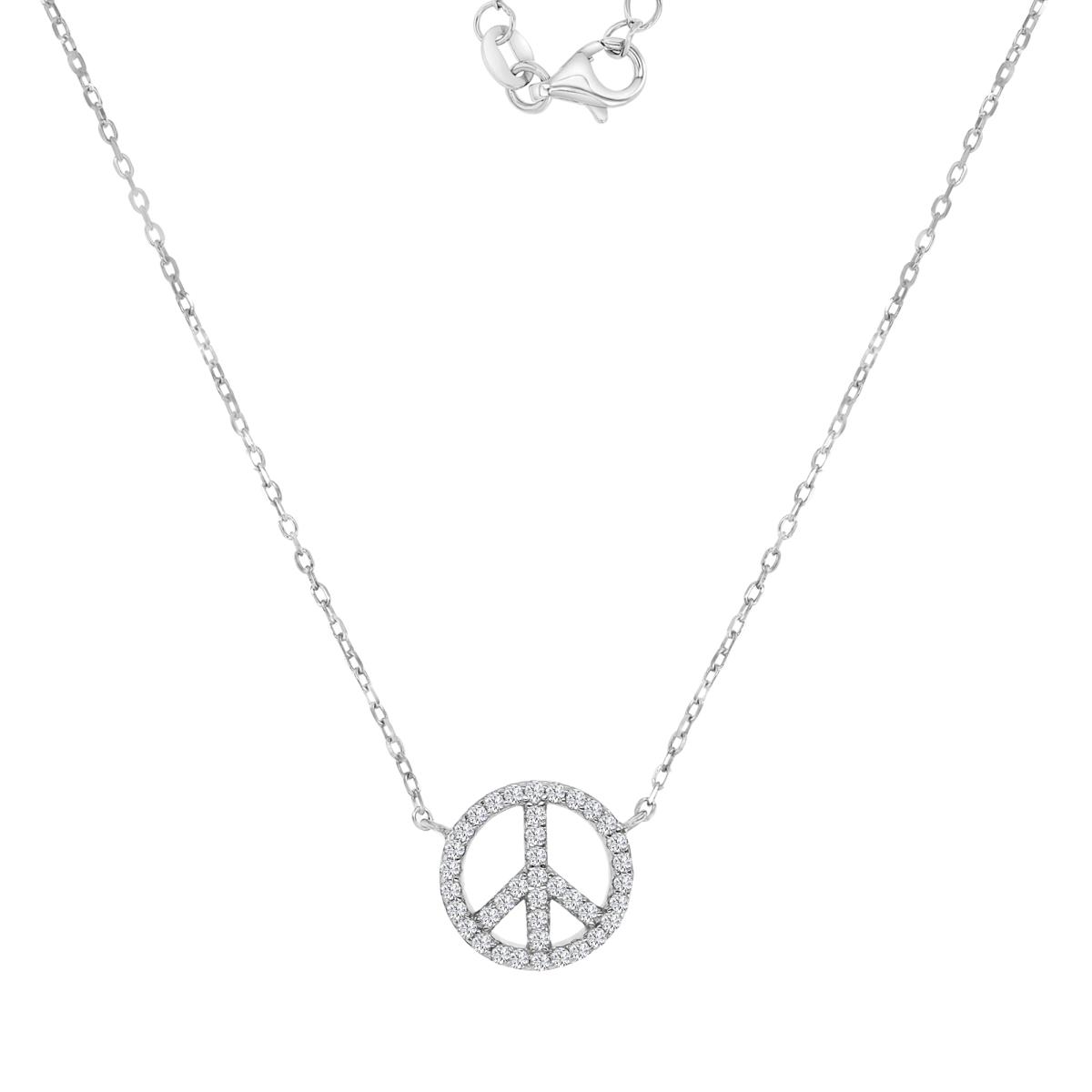 Sterling Silver Rhodium 12MM Polished White CZ Love & Peace 16+2" Necklace