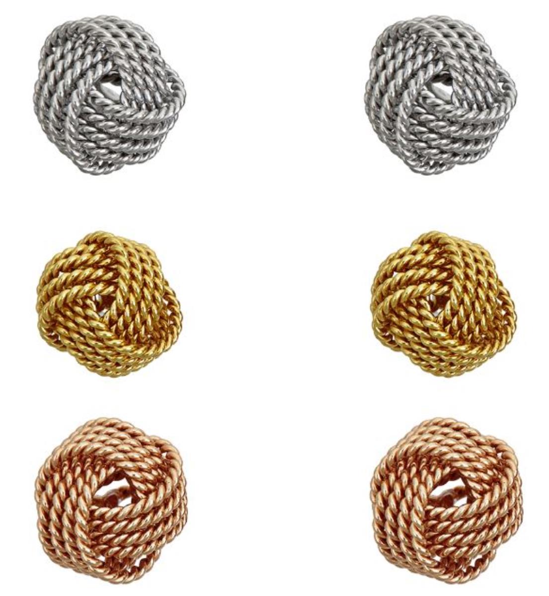 Sterling Silver Tri-color 7mm Cable Twist Love Knot Stud Set