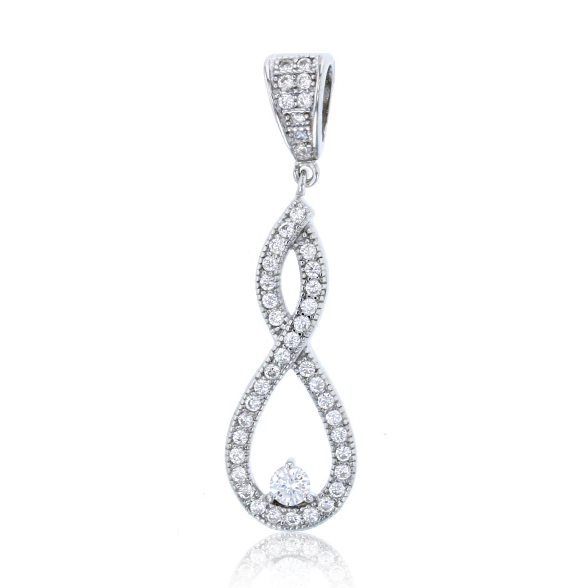 Sterling Silver Rhodium Micropave 8.00mm Round Cut CZ Solitaire with Pave Bail Pendant