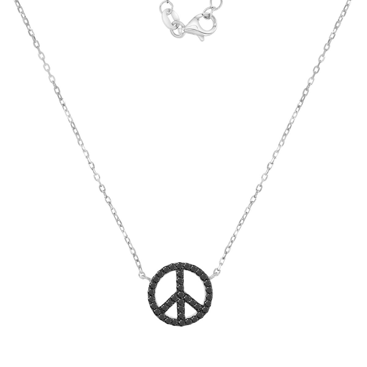 Sterling Silver Black & White 12MM Polished Black Spinel Love & Peace 16+2" Necklace