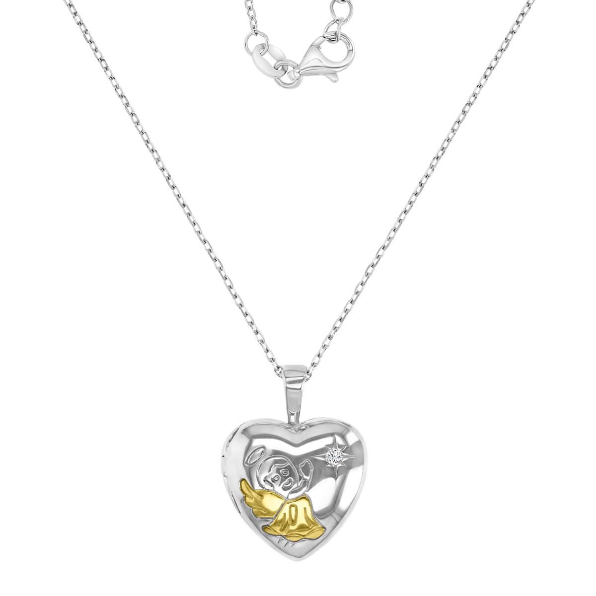 Sterling Silver White & Yellow 221X15.5MM Polished White CZ Engraved Angel Heart 16+2" Necklace