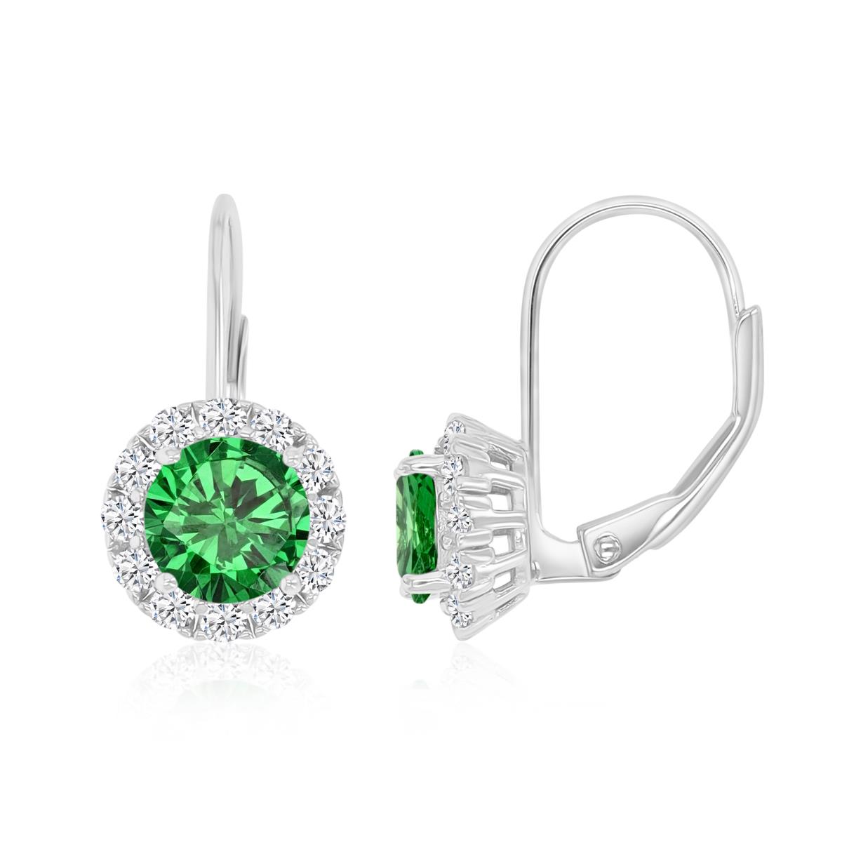 Sterling Silver Rhodium 18X9MM Polished Green & White CZ Lever Back Earrings