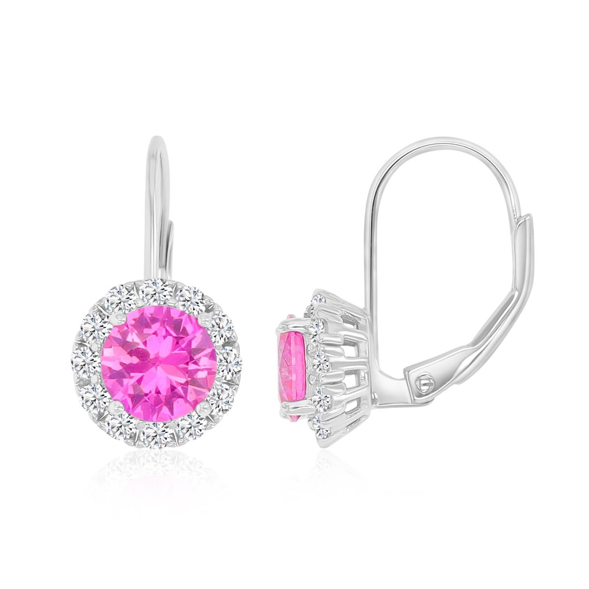 Sterling Silver Rhodium 18X9MM Polished Cr Pink & White Sapphire White CZ Lever Back Earrings