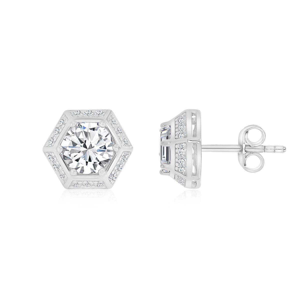 Sterling Silver Rhodium 9X5MM Polished White CZ Octagon Stud Earrings
