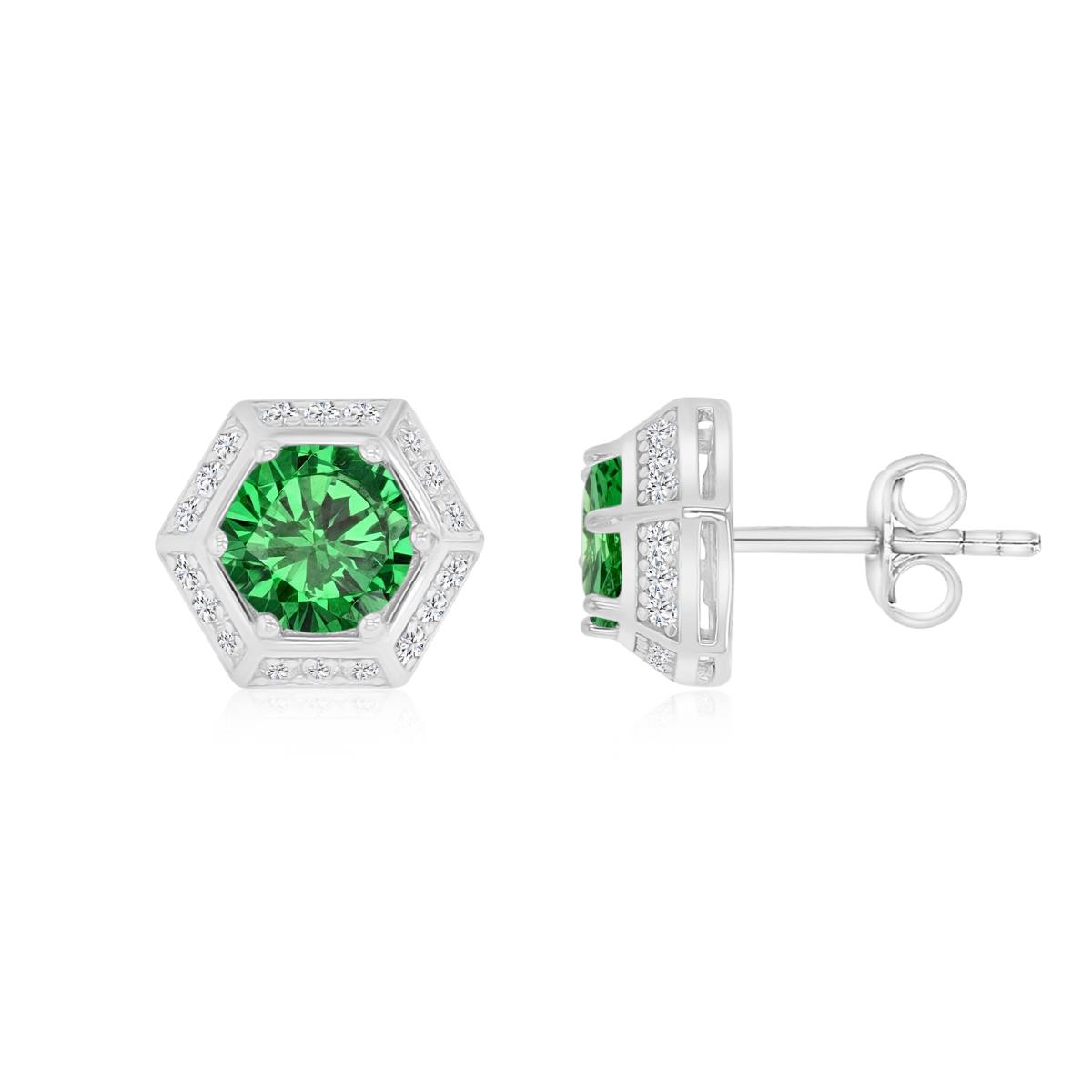 Sterling Silver Rhodium 9X5MM Polished Green & White CZ Octagon Stud Earrings