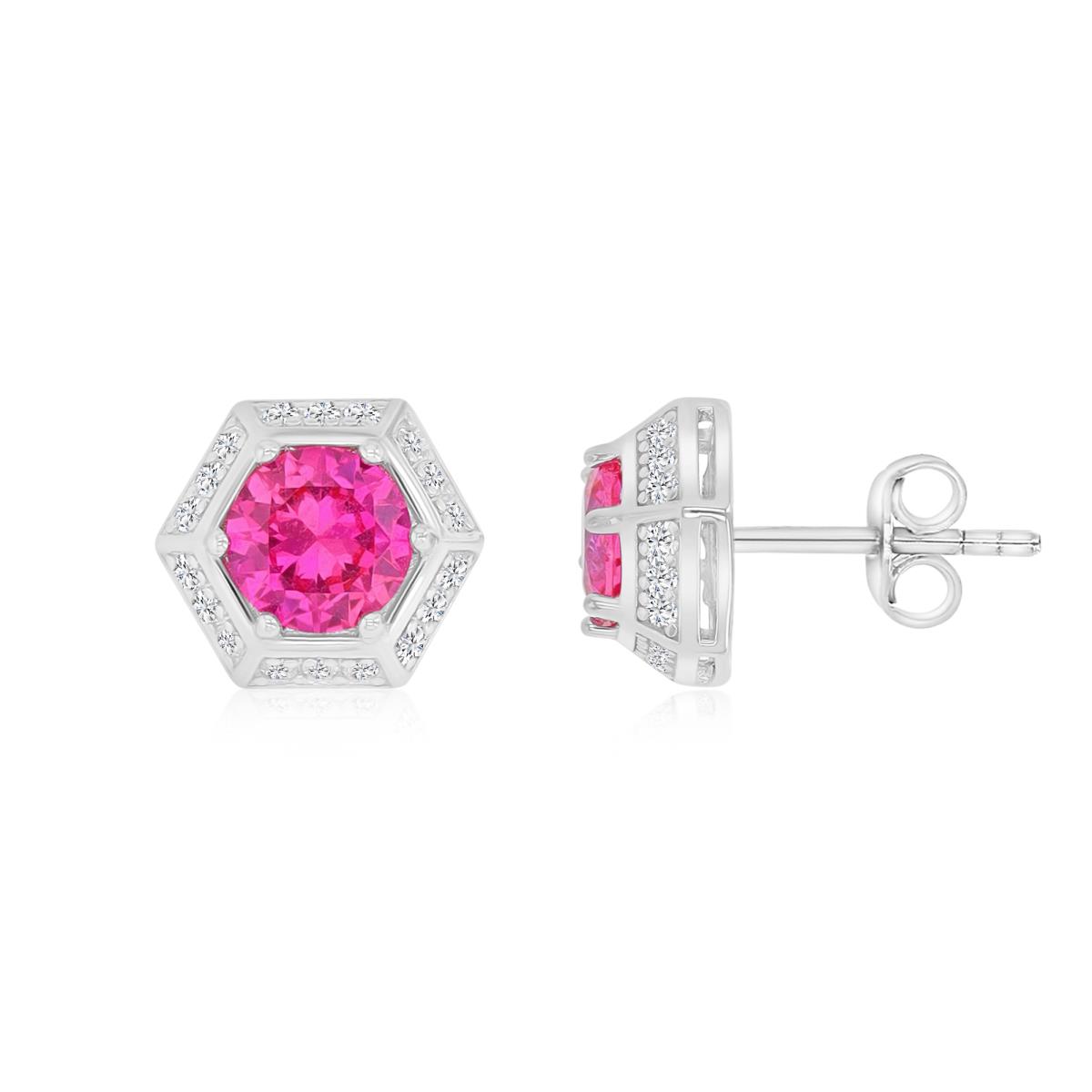 Sterling Silver Rhodium 9X5MM Polished Cr Pink & White Sapphire Octagon Stud Earrings