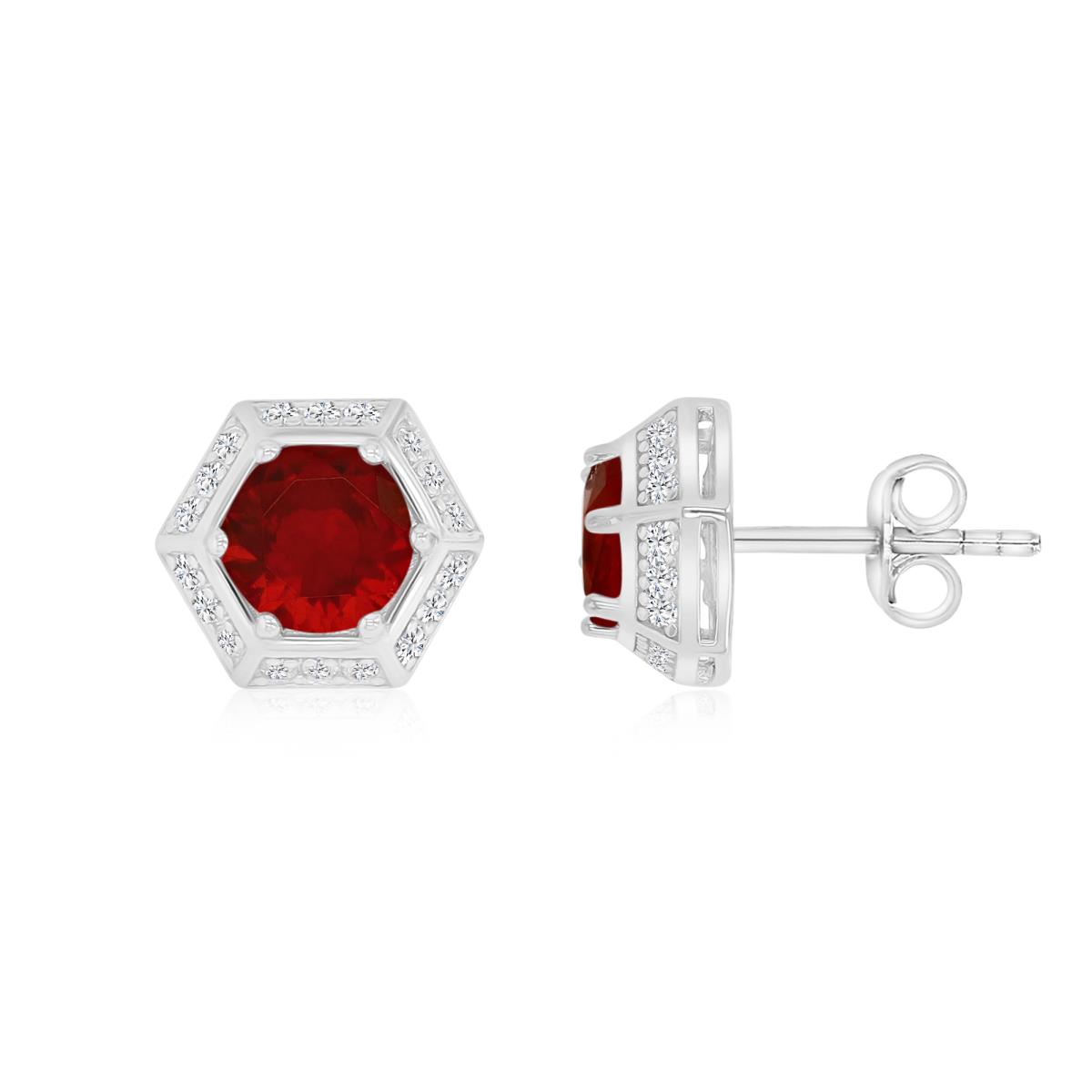 Sterling Silver Rhodium 9X5MM Polished Cr Ruby & White Sapphire Octagon Stud Earrings