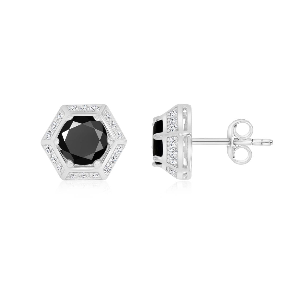 Sterling Silver Rhodium 9X5MM Polished Black Spinel & White Sapphire Octagon Stud Earrings