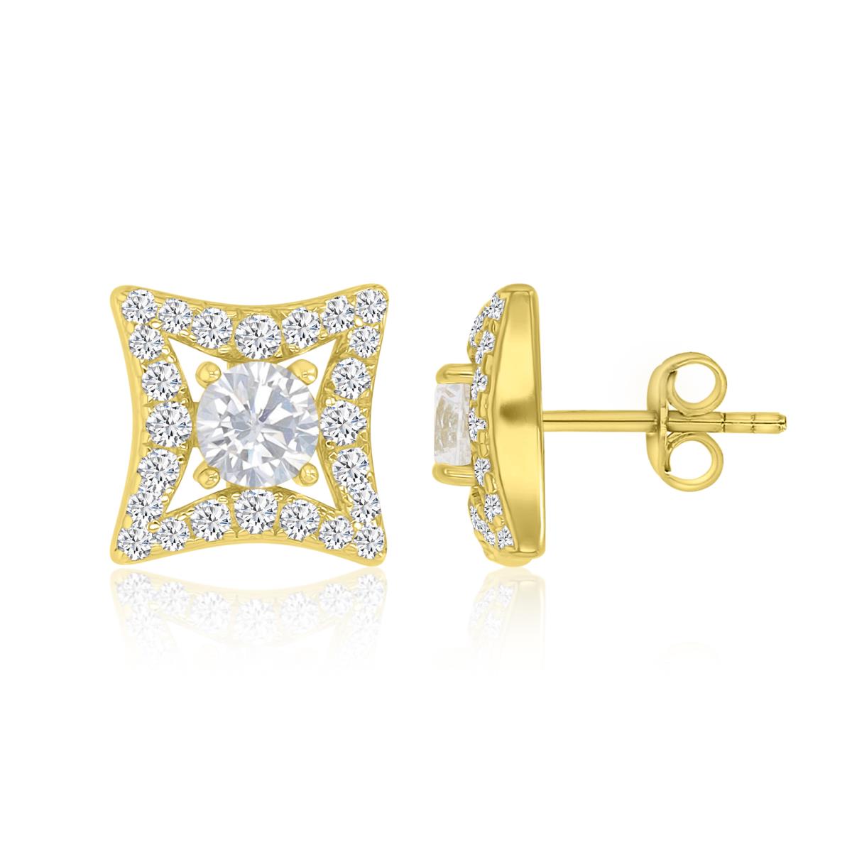 Sterling Silver Yellow 11MM Polished White CZ Square Stud Earrings