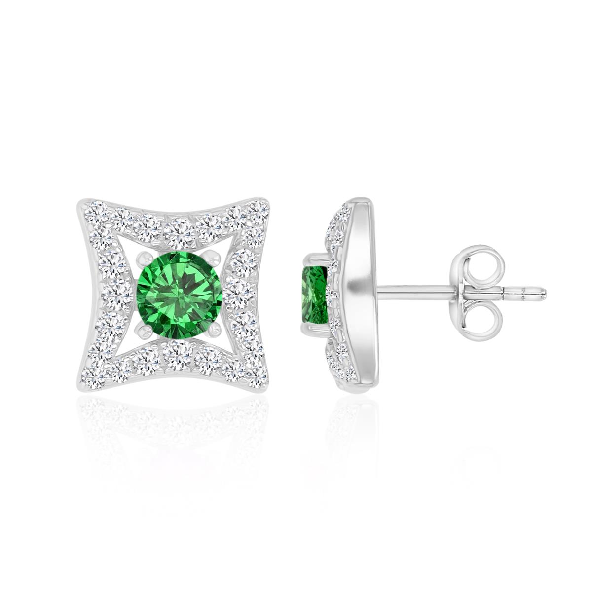 Sterling Silver Rhodium 11MM Polished Green & White CZ Square Stud Earrings