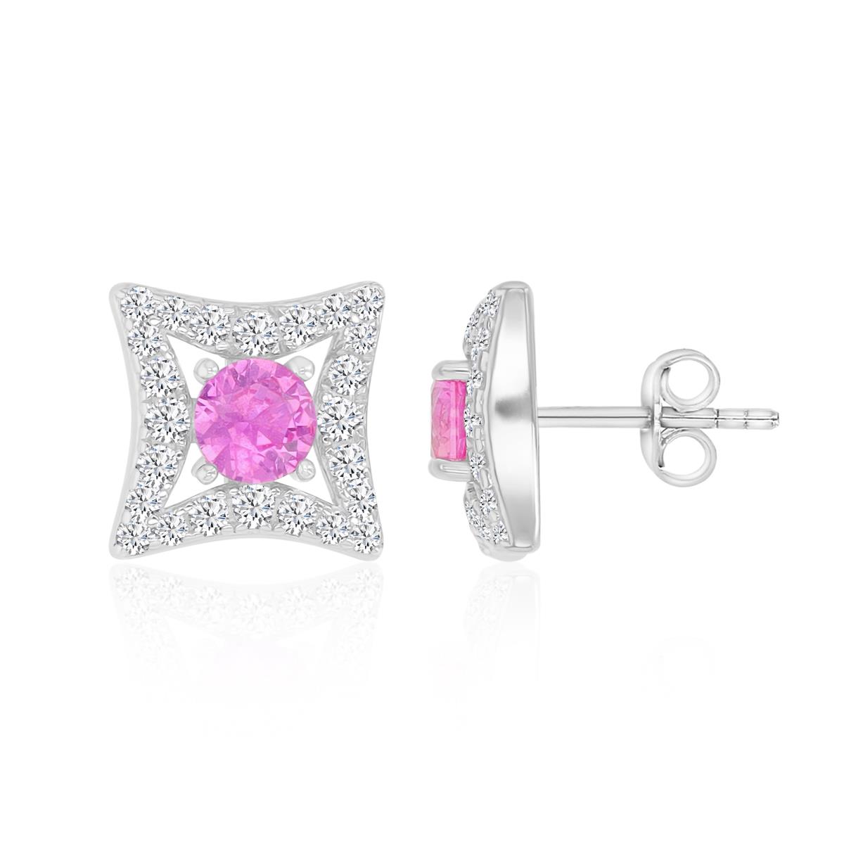 Sterling Silver Rhodium 11MM Polished Cr Pink & Cr White Sapphire Square Stud Earrings
