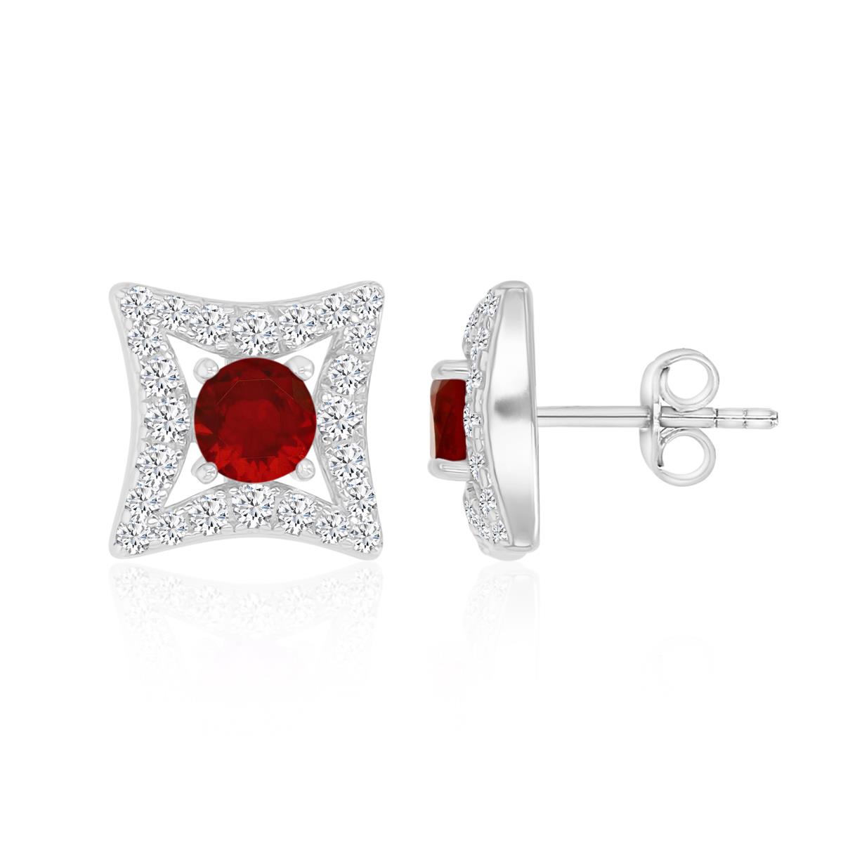 Sterling Silver Rhodium 11MM Polished Cr Ruby & Cr White Sapphire Square Stud Earrings