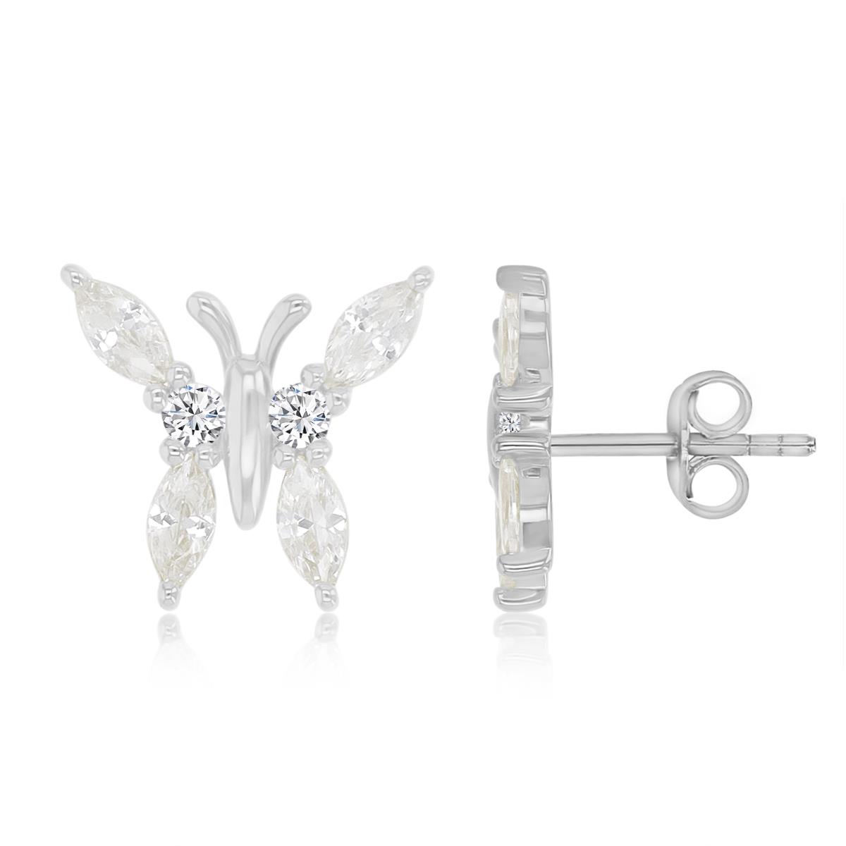 Sterling Silver Rhodium 13X12MM Polished White CZ Butterfly Maquise Cut Stud Earrings