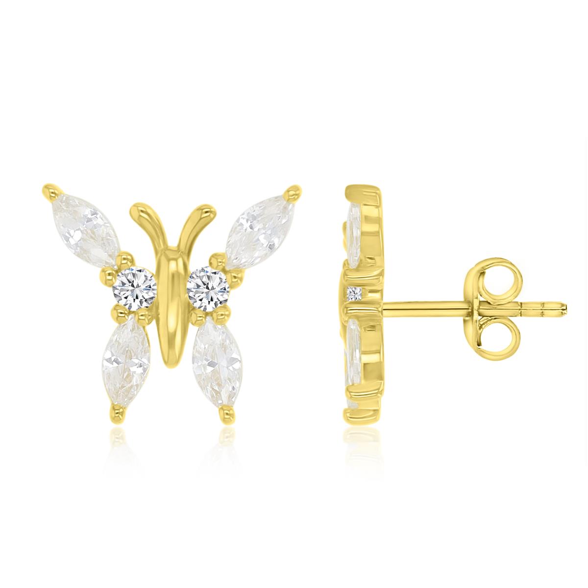 Sterling Silver Yellow 1M 13X12MM Polished White CZ Butterfly Maquise Cut Stud Earrings