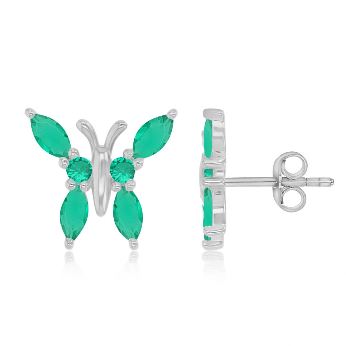 Sterling Silver Rhodium 13X12MM Polished Green Nano Butterfly Maquise Cut Stud Earrings