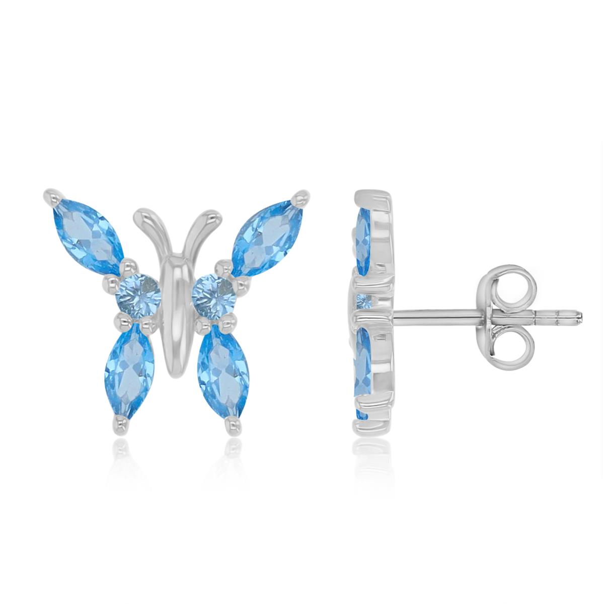 Sterling Silver Rhodium 13X12MM Polished Cr Blue Spinel Butterfly Maquise Cut Stud Earrings