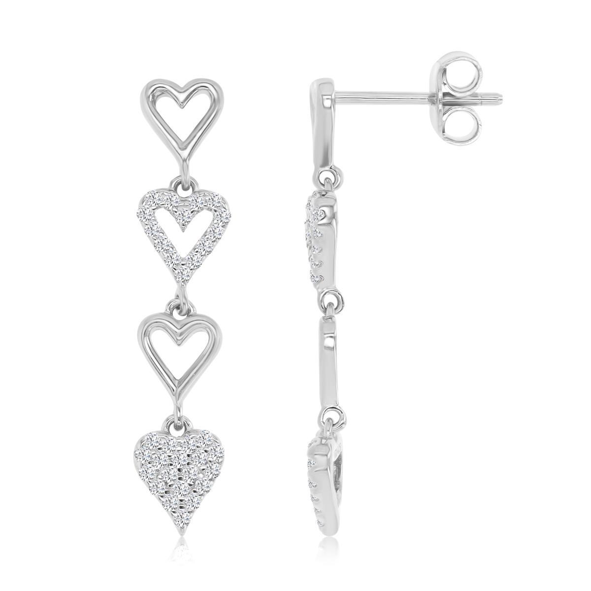 Sterling Silver Rhodium 28X5.6MM Polished White CZ Dangling Hearts Earrings