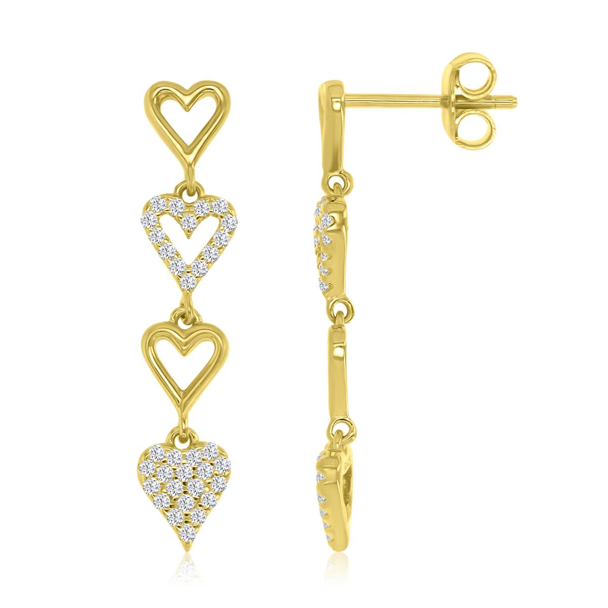 Sterling Silver Yellow 28X5.6MM Polished White CZ Dangling Hearts Earrings