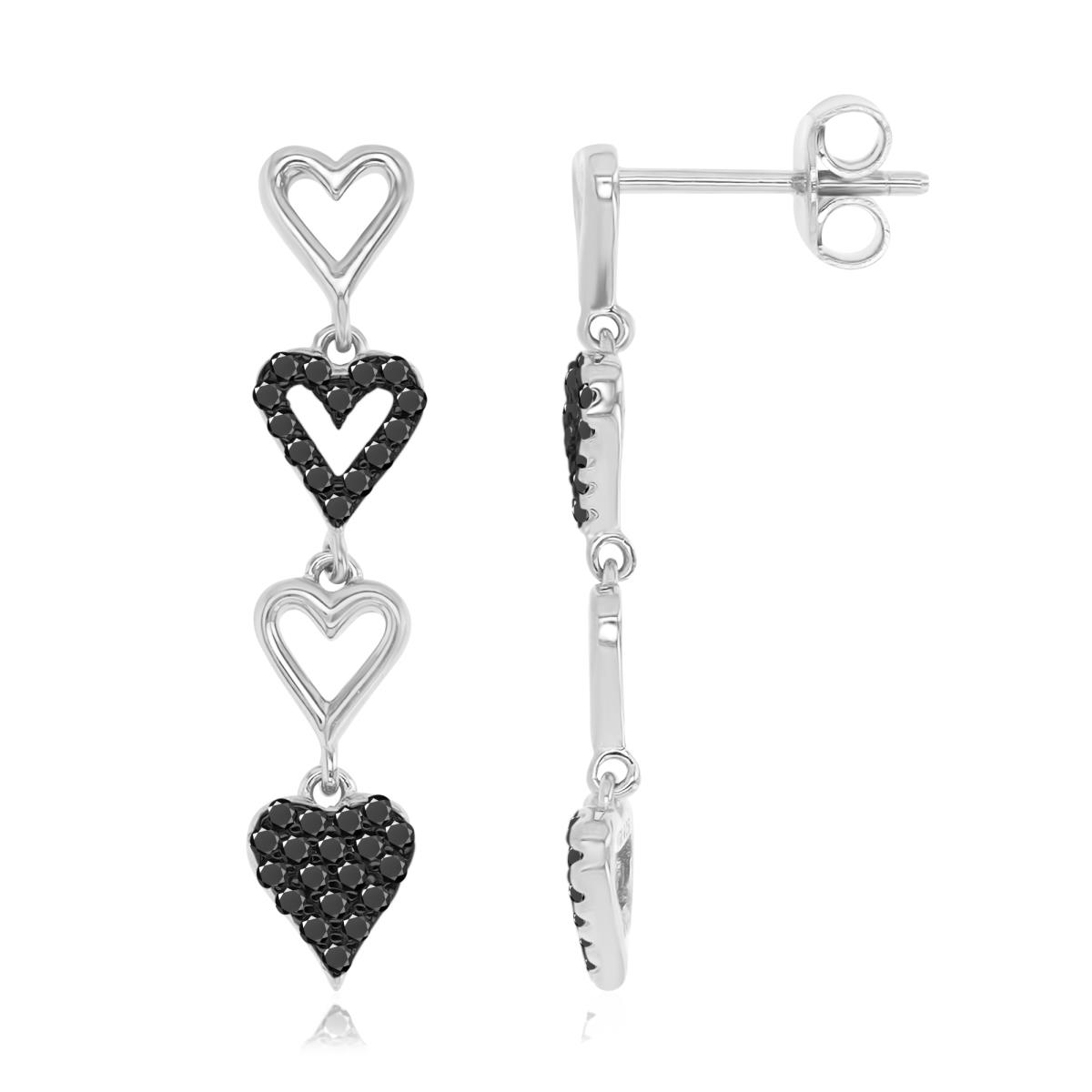Sterling Silver Black & White 28X5.6MM Polished Black Spinel Dangling Hearts Earrings