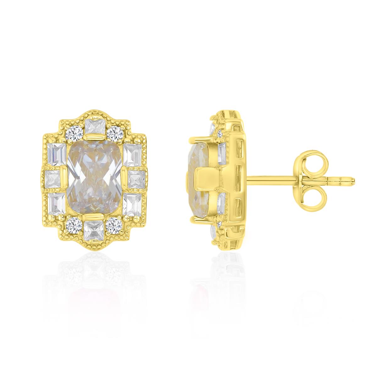 Sterling Silver Yellow 1M 15X11MM Polished White CZ Vintage Cushion Cut Stud Earrings