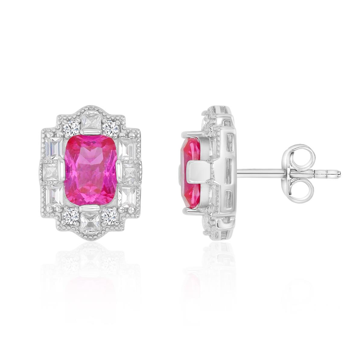 Sterling Silver Rhodium 15X11MM Polished Cr Pink & Cr White Sapphire Vintage Cushion Cut Stud Earrings