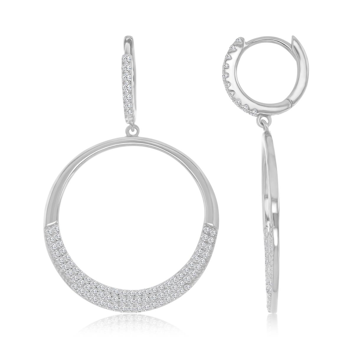 Sterling Silver Rhodium 40X25MM Polished White CZ Half Pave Circle Dangling Earrings