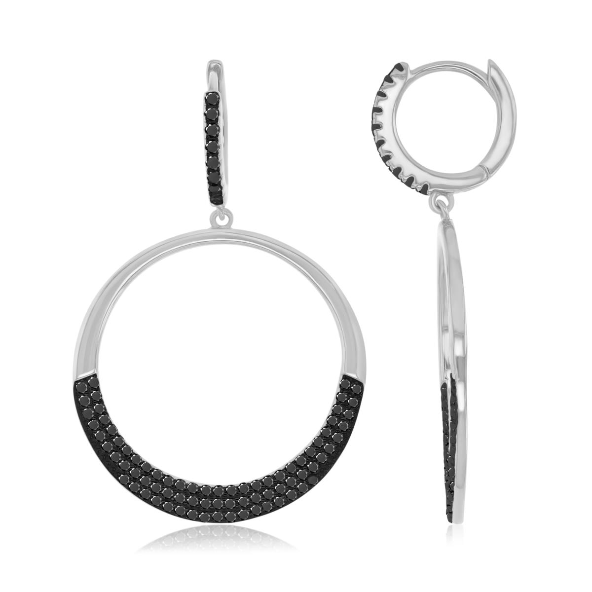 Sterling Silver Black & White 40X25MM Polished Black Spinel Half Pave Circle Dangling Earrings