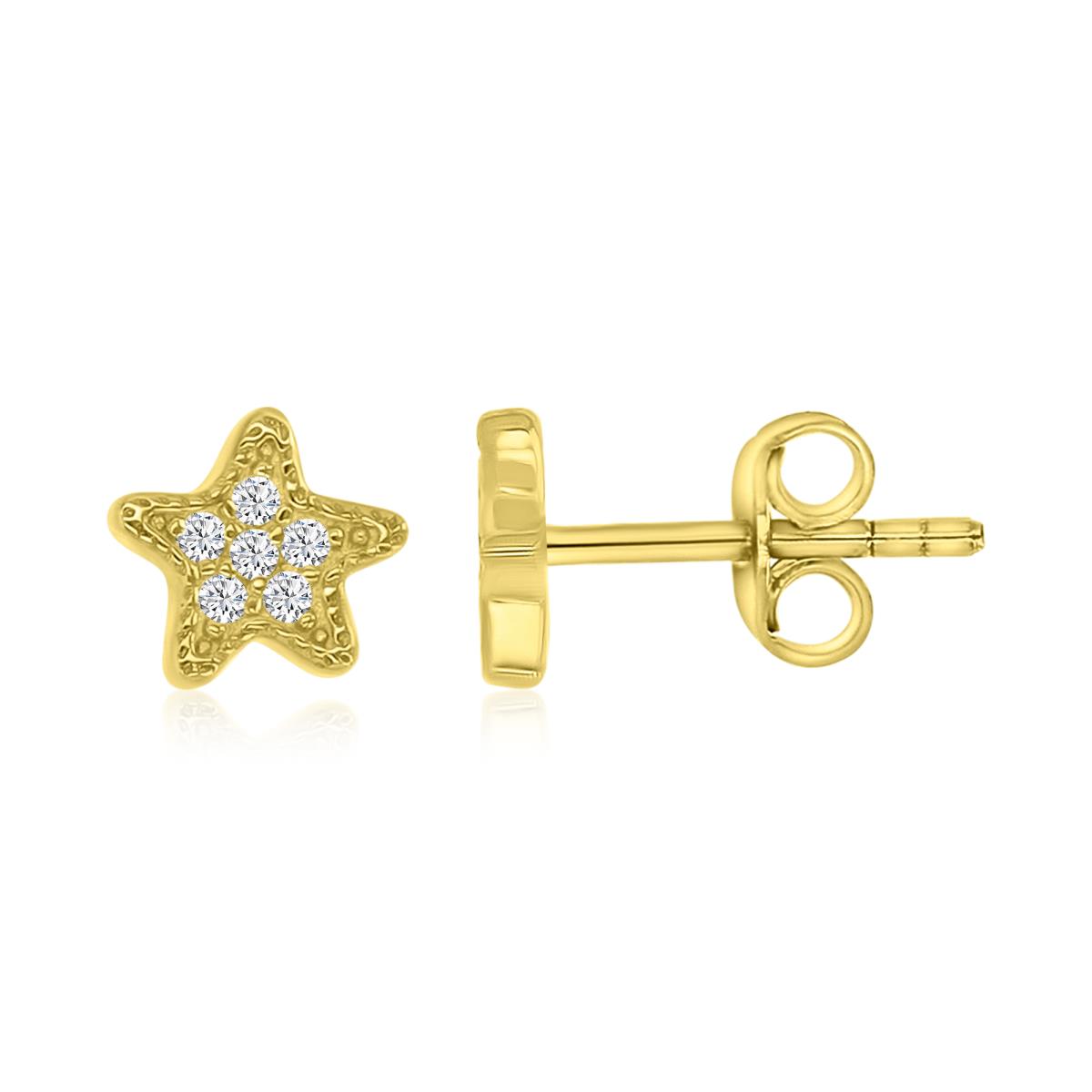 Sterling Silver Yellow 5.5MM Polished White CZ Pave Star Stud Earrings