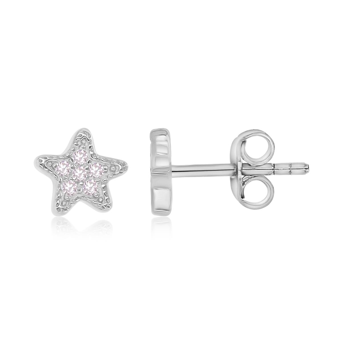 Sterling Silver Rhodium 5.5MM Polished Pink CZ Pave Star Stud Earrings