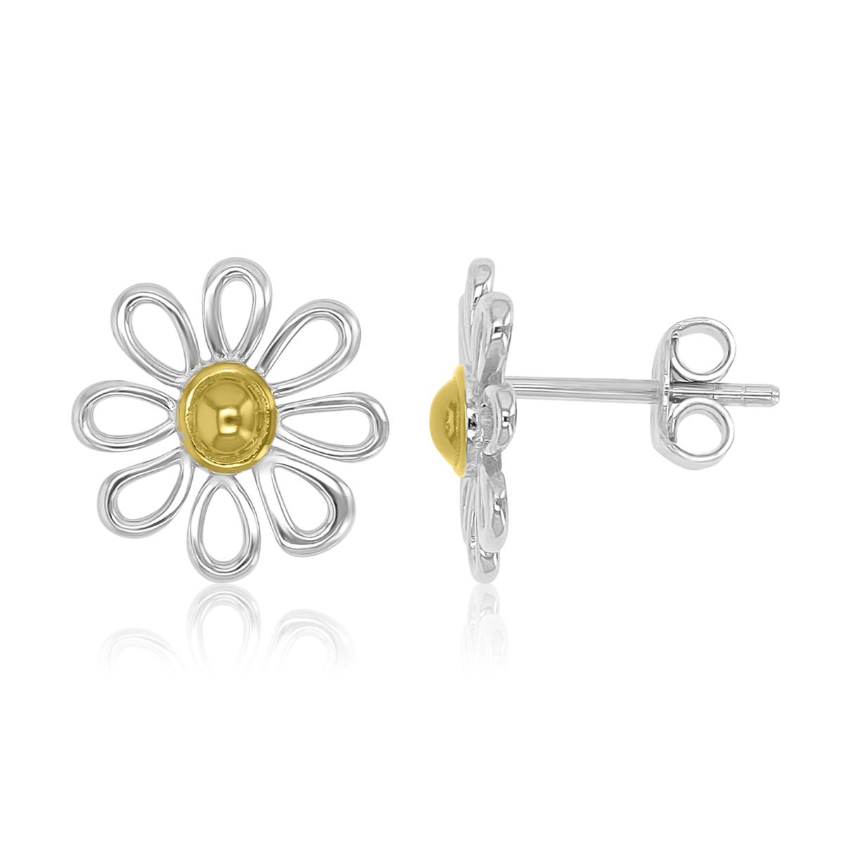 Sterling Silver Yellow & White 12MM Polished Daisy Flower Stud Earrings