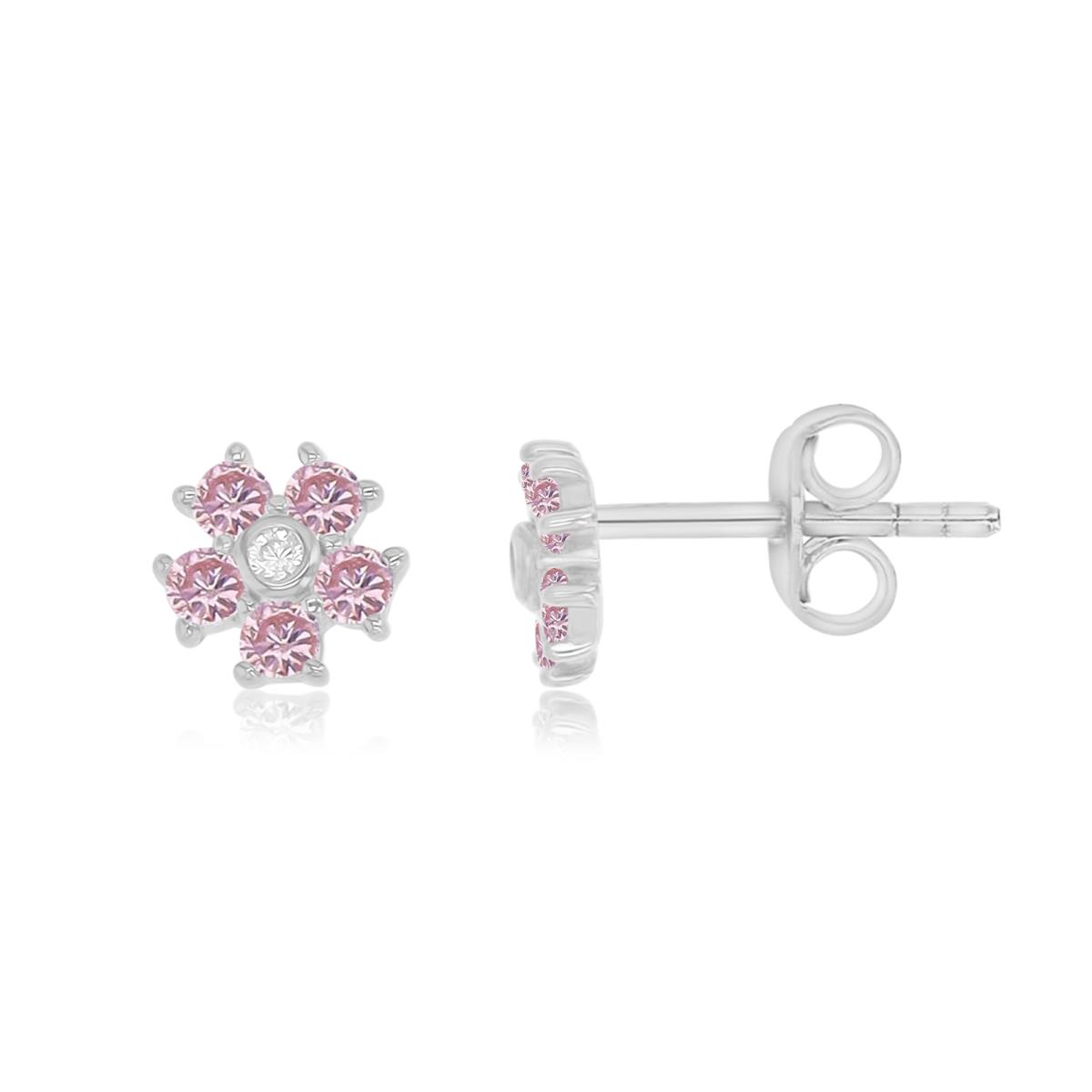 Sterling Silver Rhodium 6MM Polished Pink & White CZ Flower Stud Earrings