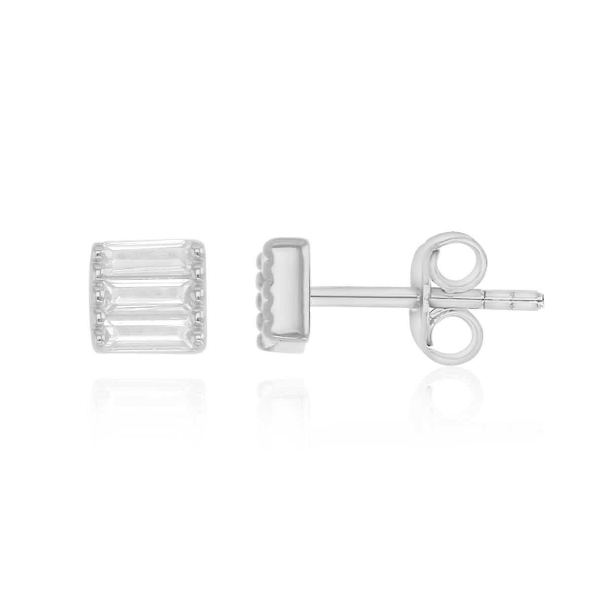Sterling Silver Rhodium 5MM Polished White CZ Straight Baguette Cut Stud Earrings