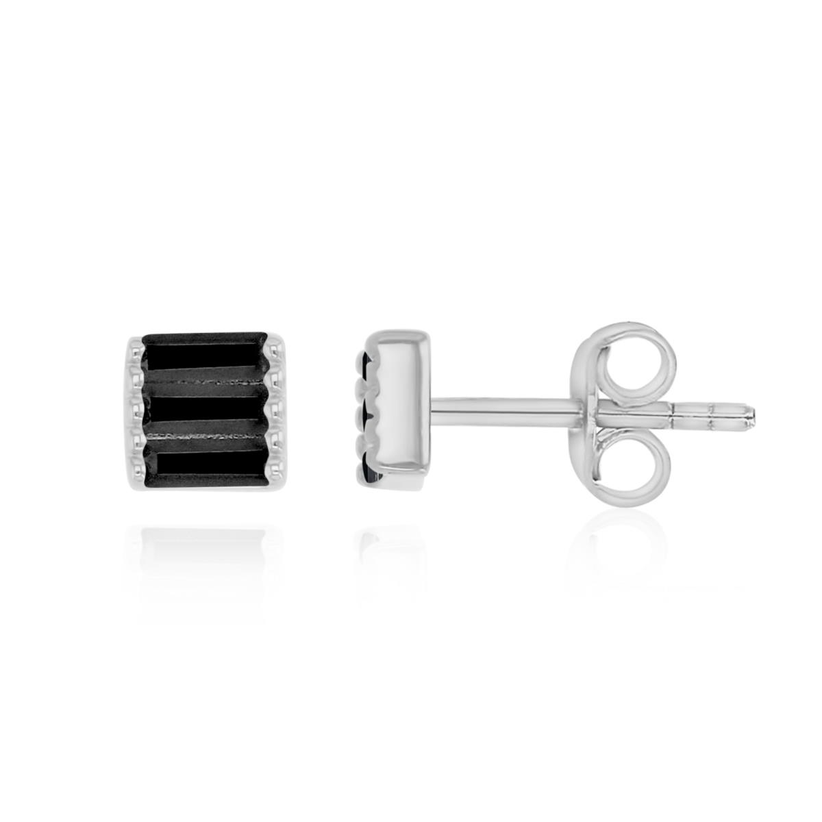 Sterling Silver Rhodium 5MM Polished Black Spinel Straight Baguette Cut Stud Earrings