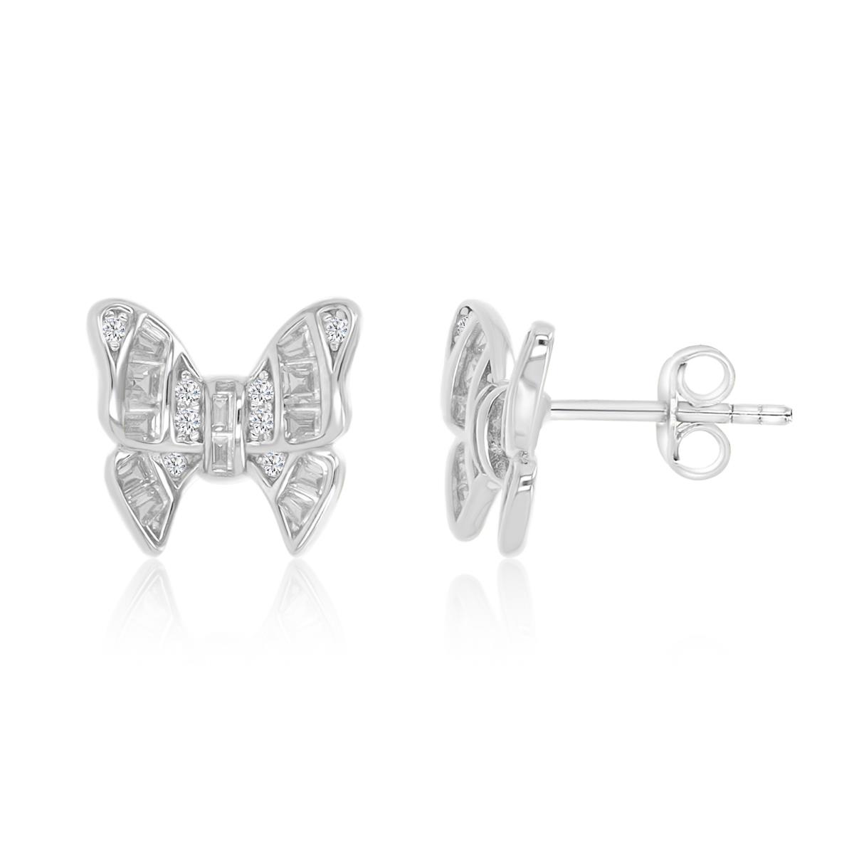 Sterling Silver Rhodium 11X10MM Polished White CZ Besel Butterfly Stud Earrings