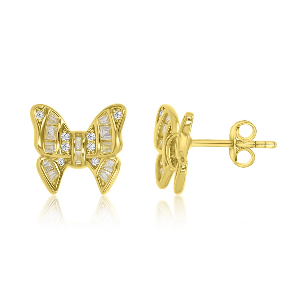 Sterling Silver Yellow 11X10MM Polished White CZ Besel Butterfly Stud Earrings